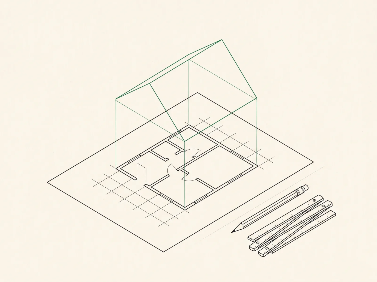 Ink drawing: a floor plan on a sheet of paper, with the outline of a house rising from it in green.