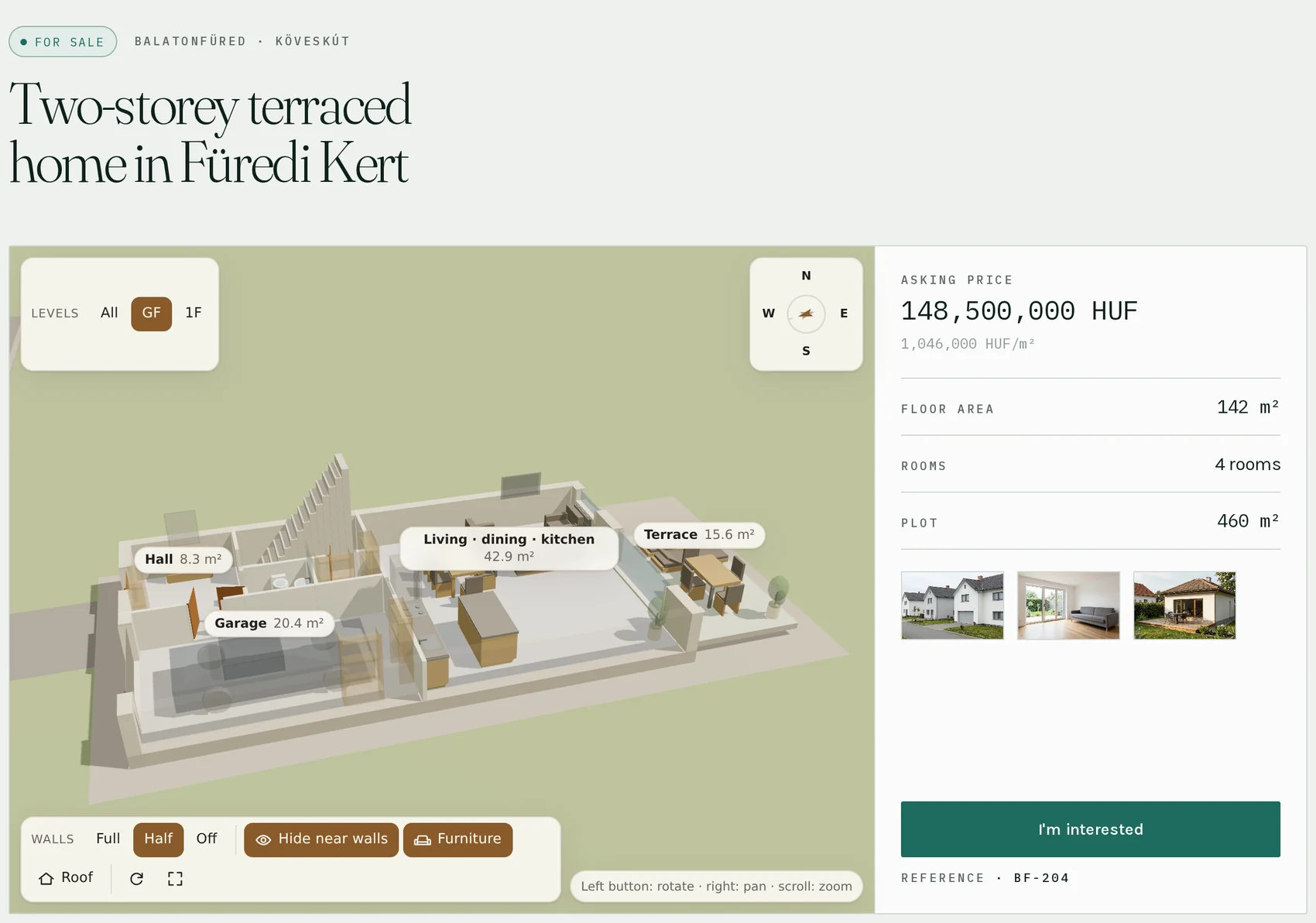 The listing page of a two-storey terraced home: the headline and location on top, then the 3D model with half-height walls and six ground-floor rooms named and measured, a storey switch and a compass beside it, and the asking price, floor area, room count and plot size below.
