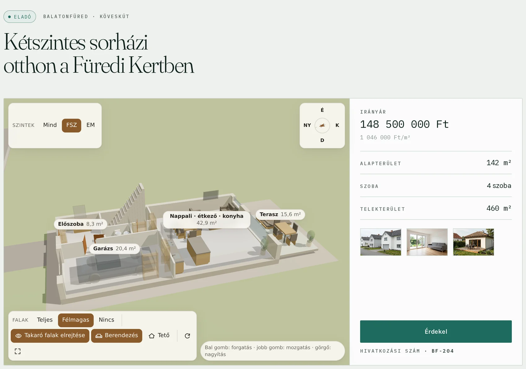 Egy kétszintes sorházi otthon adatlapja: fölül a hirdetés címe és a helyszín, alatta a 3D modell félmagas falakkal, a földszint hat helyiségének nevével és méretével, mellette szintváltó és iránytű, legalul az irányár, az alapterület, a szobaszám és a telekméret.