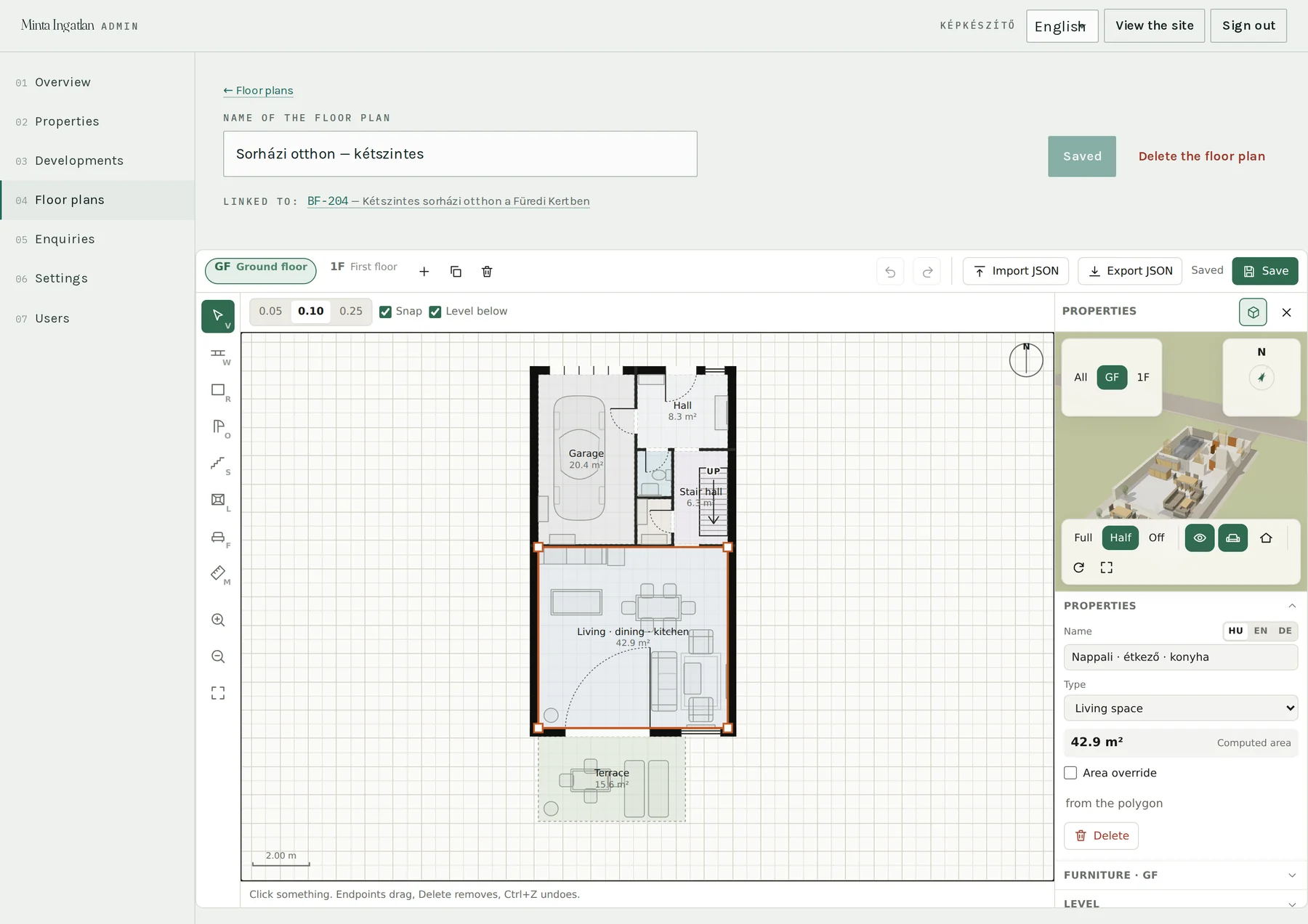 The floor-plan editor: drawing tools down the left, the ground-floor plan in the middle with walls, doors, windows and furniture, the storey tabs above it, and on the right a live 3D preview over the selected room's name with a tab for each of the three languages, its type and its calculated area.