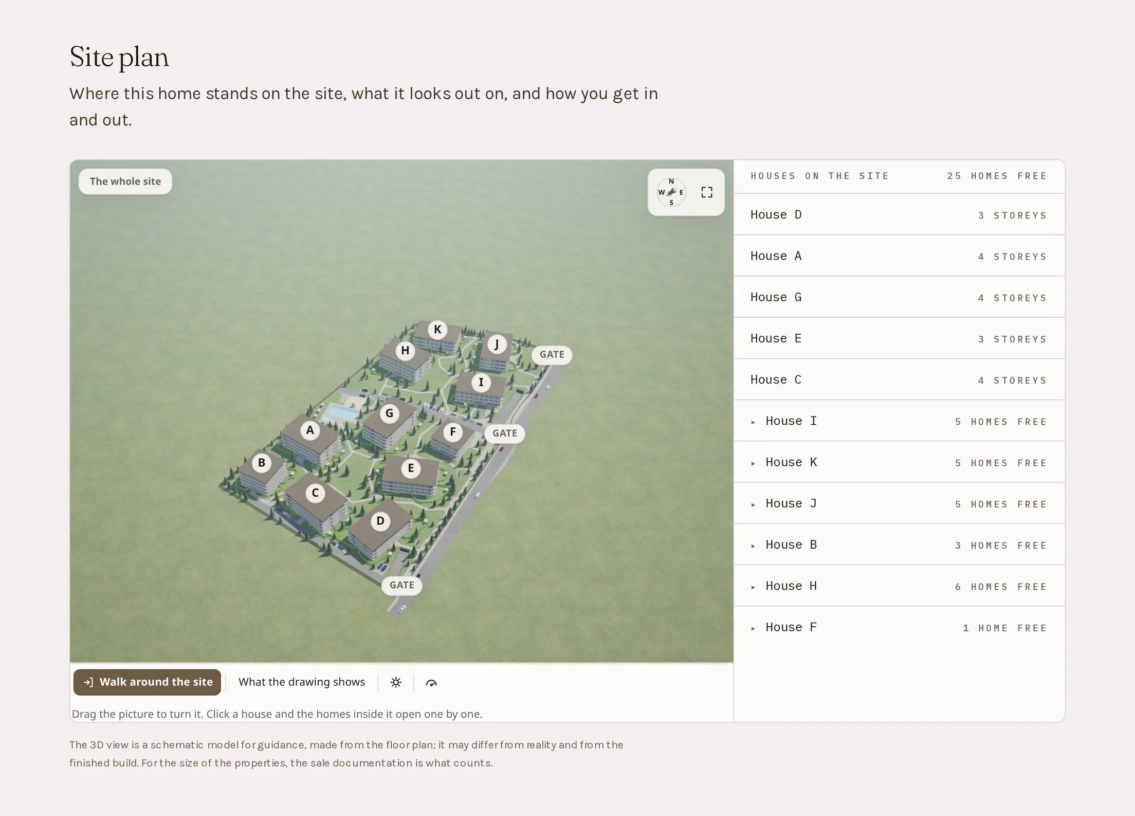 The site-plan section of the Czigle Home project page: the Agro Lakópark in 3D, from above at an angle — eleven buildings lettered A to K on a green plot with the pool, the rows of trees, the two gates and the underground-garage ramp marked — and to the right the list of the houses, each with its number of storeys or its homes for sale. Bottom left the “Walk around the site” and “What the drawing shows” buttons and the day-and-night switch.