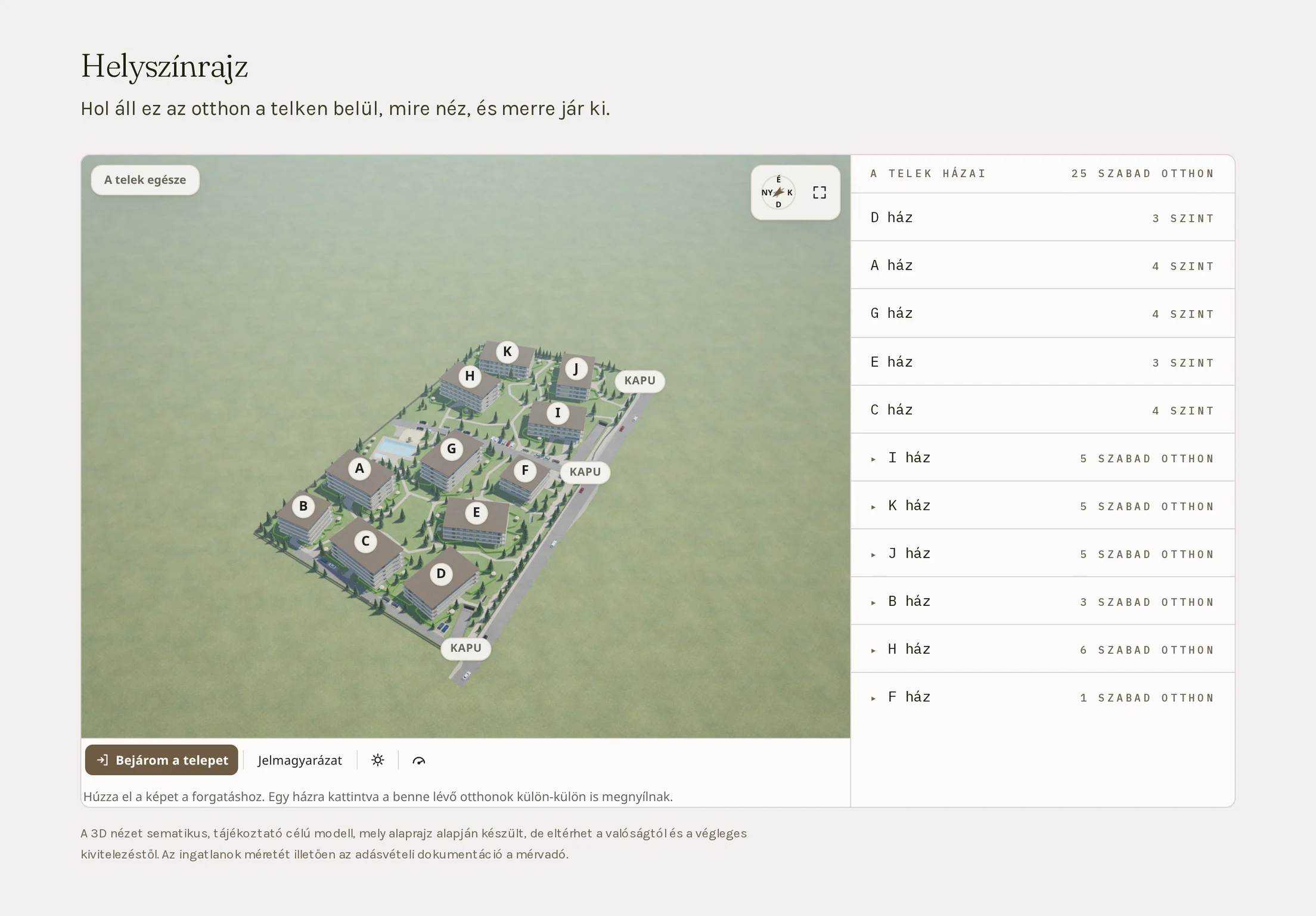 A Czigle Home projektoldalának Helyszínrajz szakasza: az Agro Lakópark 3D-ben, felülnézetből-ferdén — tizenegy épület A-tól K-ig a zöld telken, rajta a medence, a fasorok, a két kapu és a mélygarázs lehajtója —, jobbra pedig a házak listája, mindegyiknél a szintek számával vagy az eladó otthonokkal. Bal alul a „Bejárom a telepet” és a „Jelmagyarázat” gomb, meg a nappal–éjszaka kapcsoló.