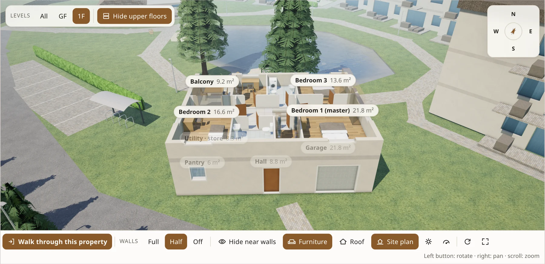 Das Obergeschoss eines zweigeschossigen Hauses allein ausgewählt: das Elternschlafzimmer, zwei weitere Schlafzimmer, ein Flur und ein Balkon, möbliert, mit halbhohen Wänden, darunter durchscheinend das Erdgeschoss.