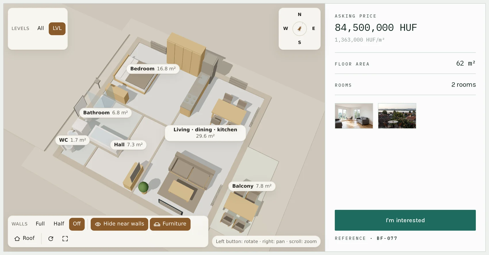 A 62 m² town-centre flat in 3D with the walls switched off, seen from above: bed, sofa, kitchen units and dining table in place, every room named and measured.