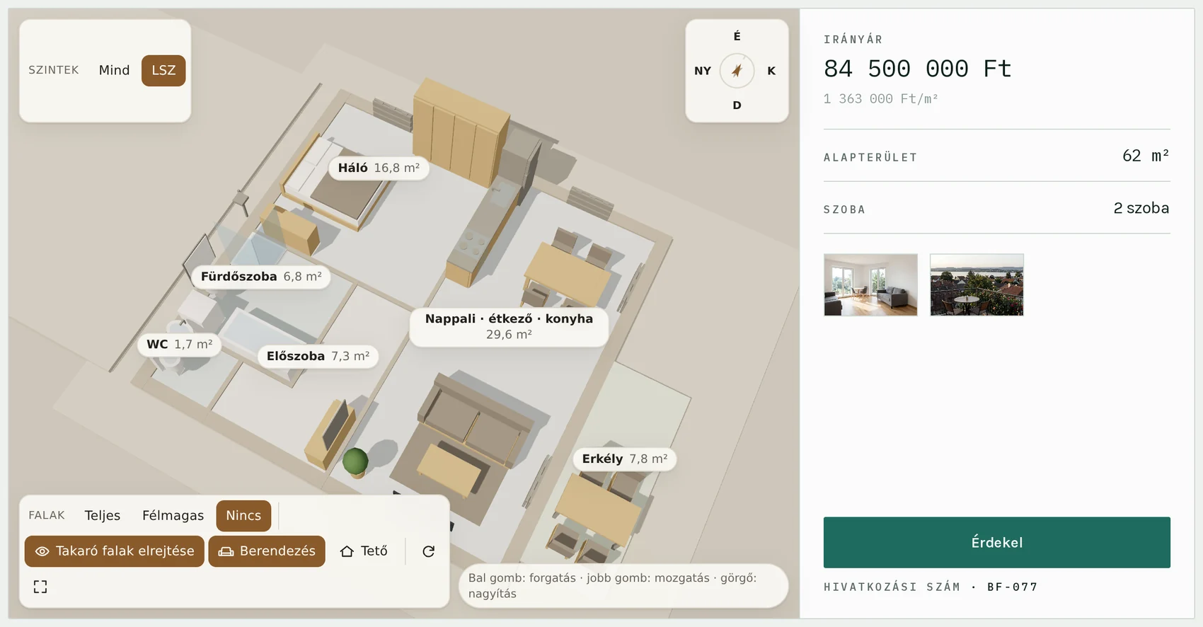 Egy 62 m²-es belvárosi lakás 3D modellje falak nélkül, felülnézetből: az ágy, a kanapé, a konyhabútor és az étkezőasztal a helyén, minden helyiség nevével és négyzetméterével.