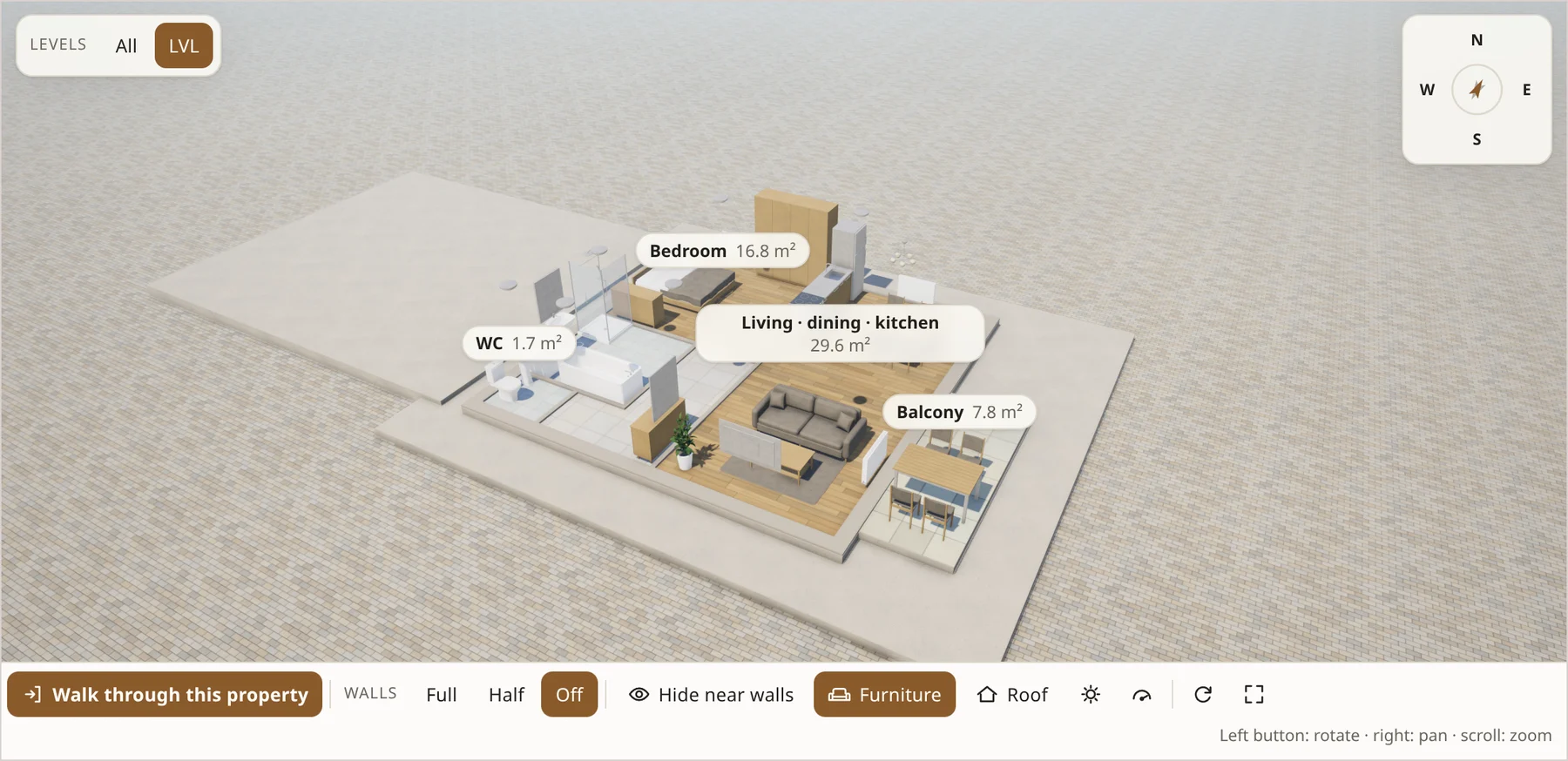 Eine 62 m² große Wohnung in 3D mit ausgeschalteten Wänden, von oben gesehen: Bett, Schrank, Sofa, Fernseher, Küchenzeile und der Esstisch des Balkons an ihrem Platz, jeder Raum mit Namen und Quadratmetern, unten der Wandregler auf Keine.