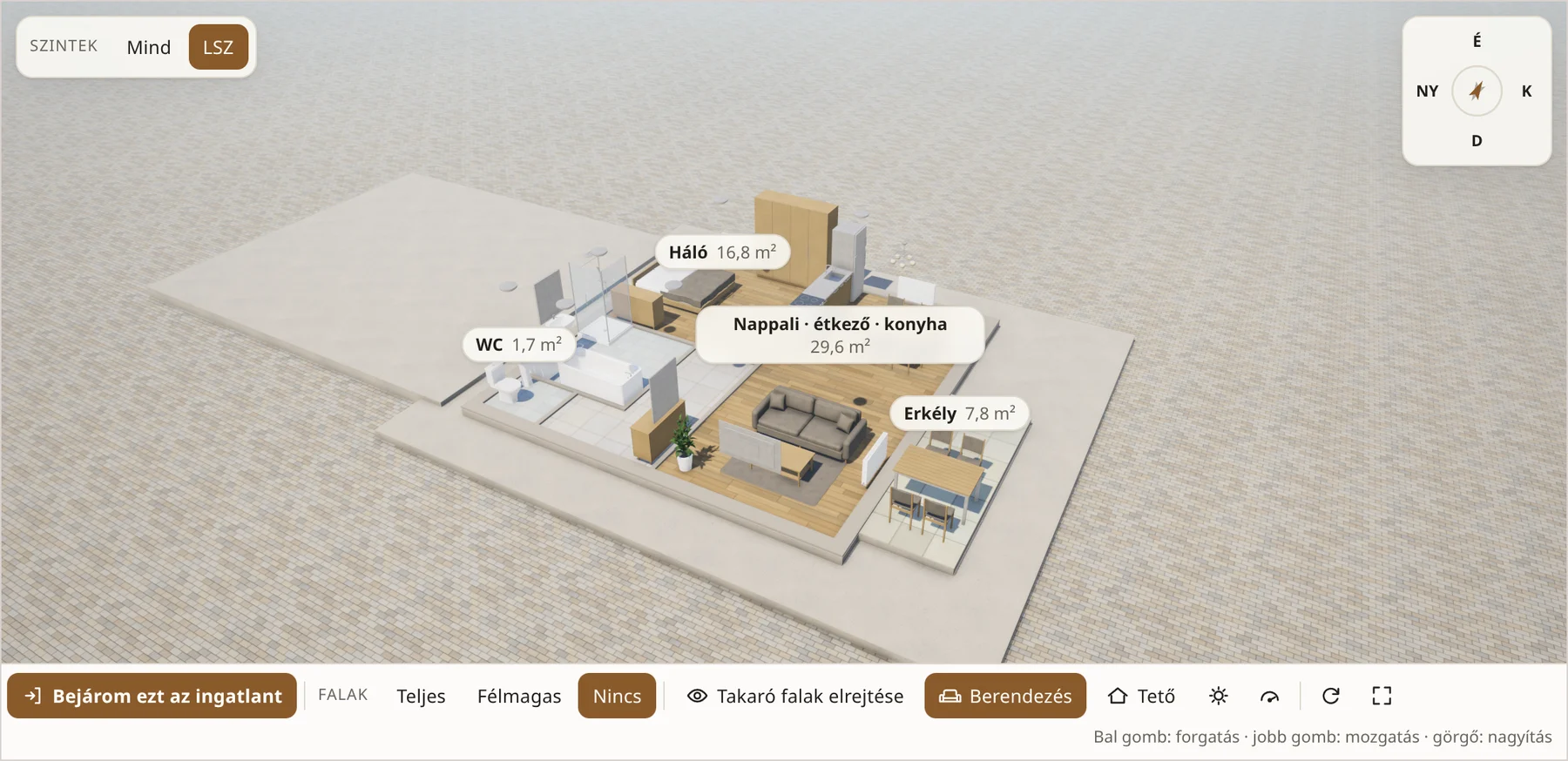 Egy 62 m²-es lakás 3D modellje kikapcsolt falakkal, felülnézetből: az ágy, a szekrény, a kanapé, a tévé, a konyhabútor és az erkély étkezőasztala a helyén, minden helyiség nevével és négyzetméterével, alul a falak kapcsolója a Nincs álláson.