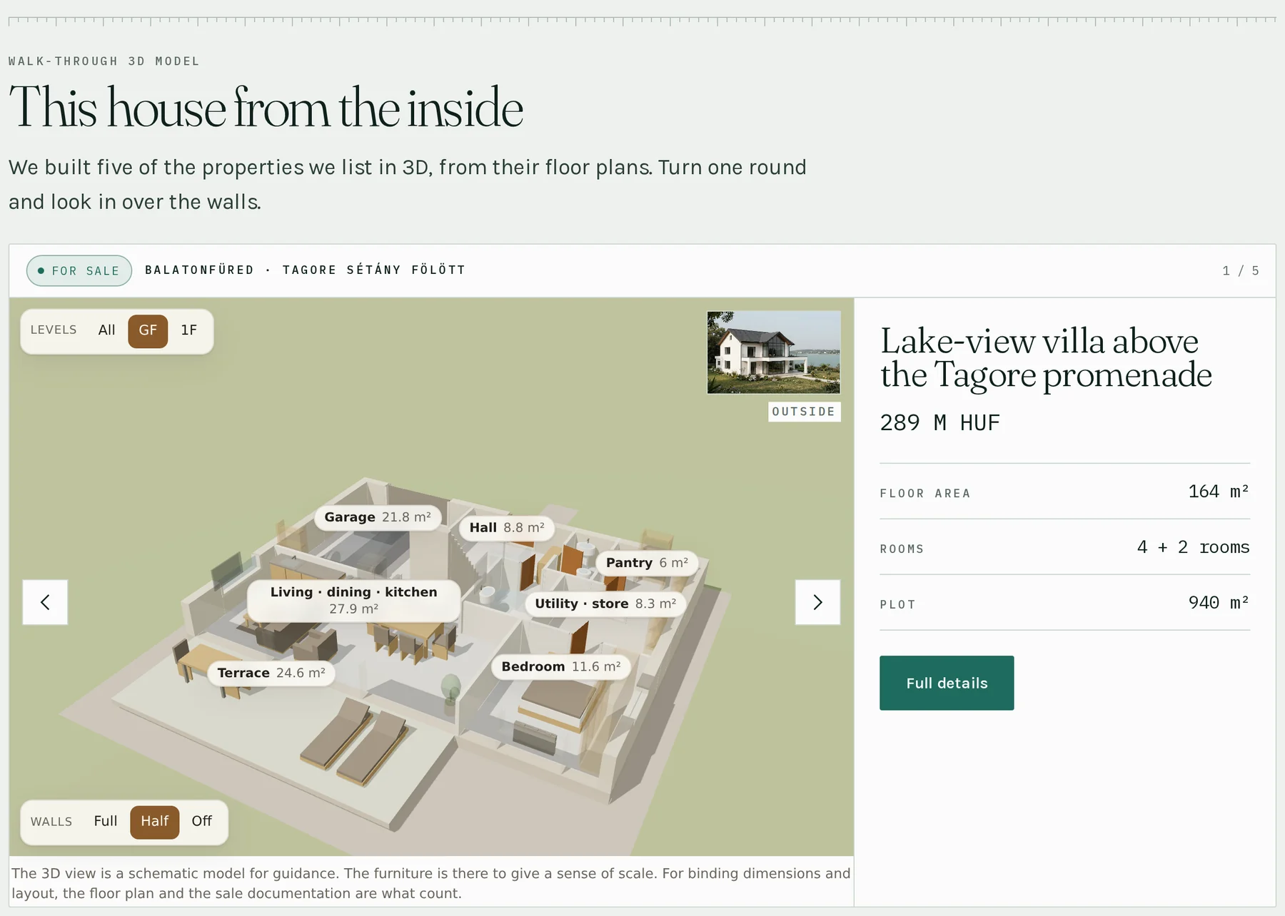 The home page of the demo site: a 3D model of a Lake Balaton villa with the roof off and the walls cut to half height, room names and floor areas in place, the photograph of the house beside it, and the price, floor area, room count and plot size to the right.