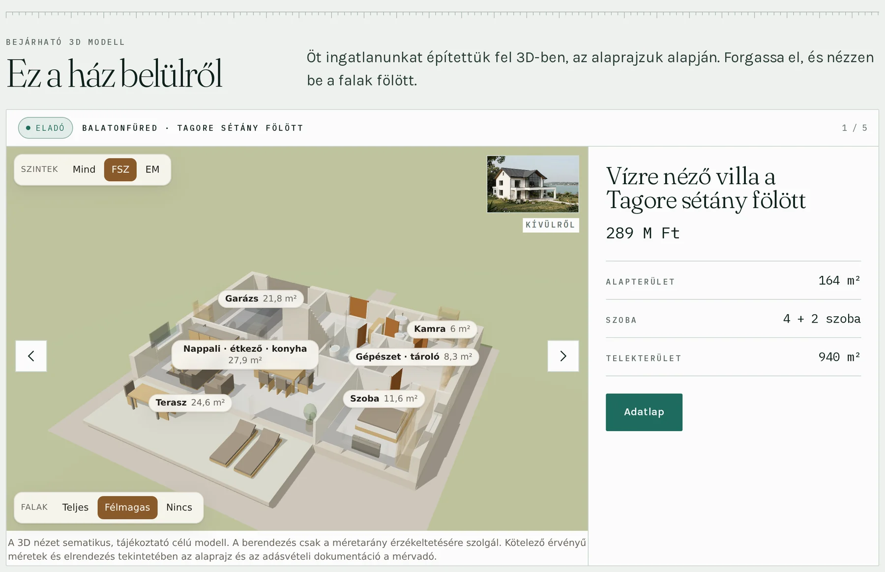 A demó oldal főoldala: egy balatonfüredi villa 3D modellje tető nélkül, félmagas falakkal, a szobák nevével és négyzetméterével, mellette a ház fényképe, jobbra az ár, az alapterület, a szobaszám és a telekméret.