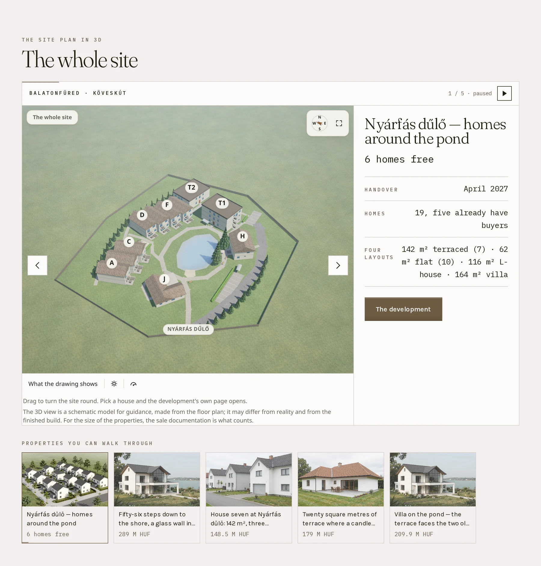 Die Startseite der Demo-Website: der 3D-Lageplan einer neu gebauten Wohnanlage am Seeufer, die Häuser mit Buchstaben um einen Teich, am Rand des Grundstücks eine Kiefernreihe, darüber Legende und Kompass; daneben der Name der Anlage, die sechs noch freien Häuser, der Übergabetermin, die Zahl der Häuser und die vier Grundrisstypen mit einer Schaltfläche zum Projekt; darunter eine Reihe von fünf begehbaren Objekten mit Foto und Preis.