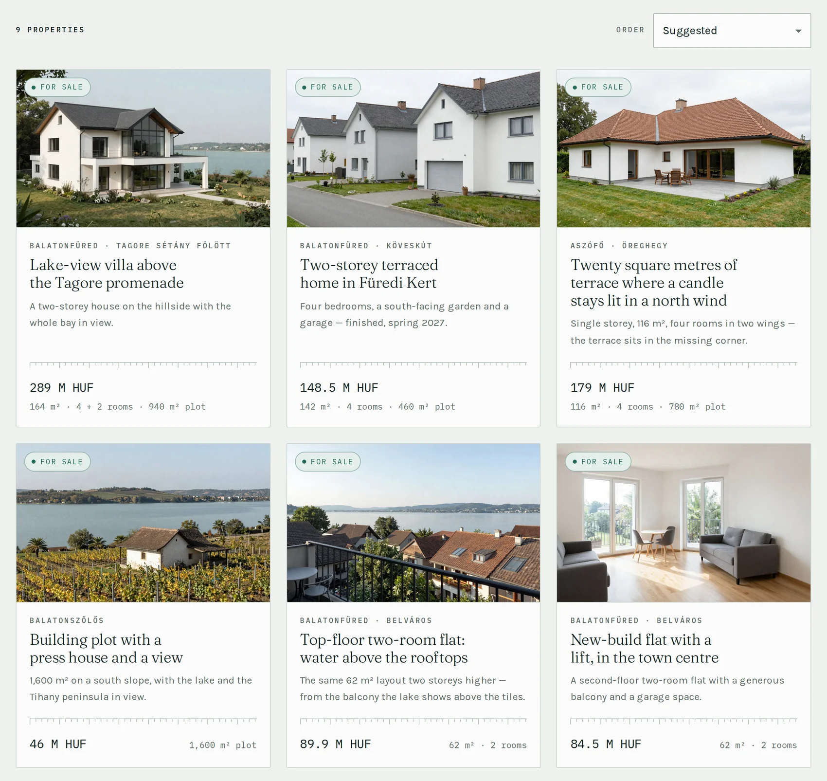 The property list of the demo site: nine results with a sort control, six cards in two rows, each with a photo, town, headline, two sentences of description, price and the key measurements.