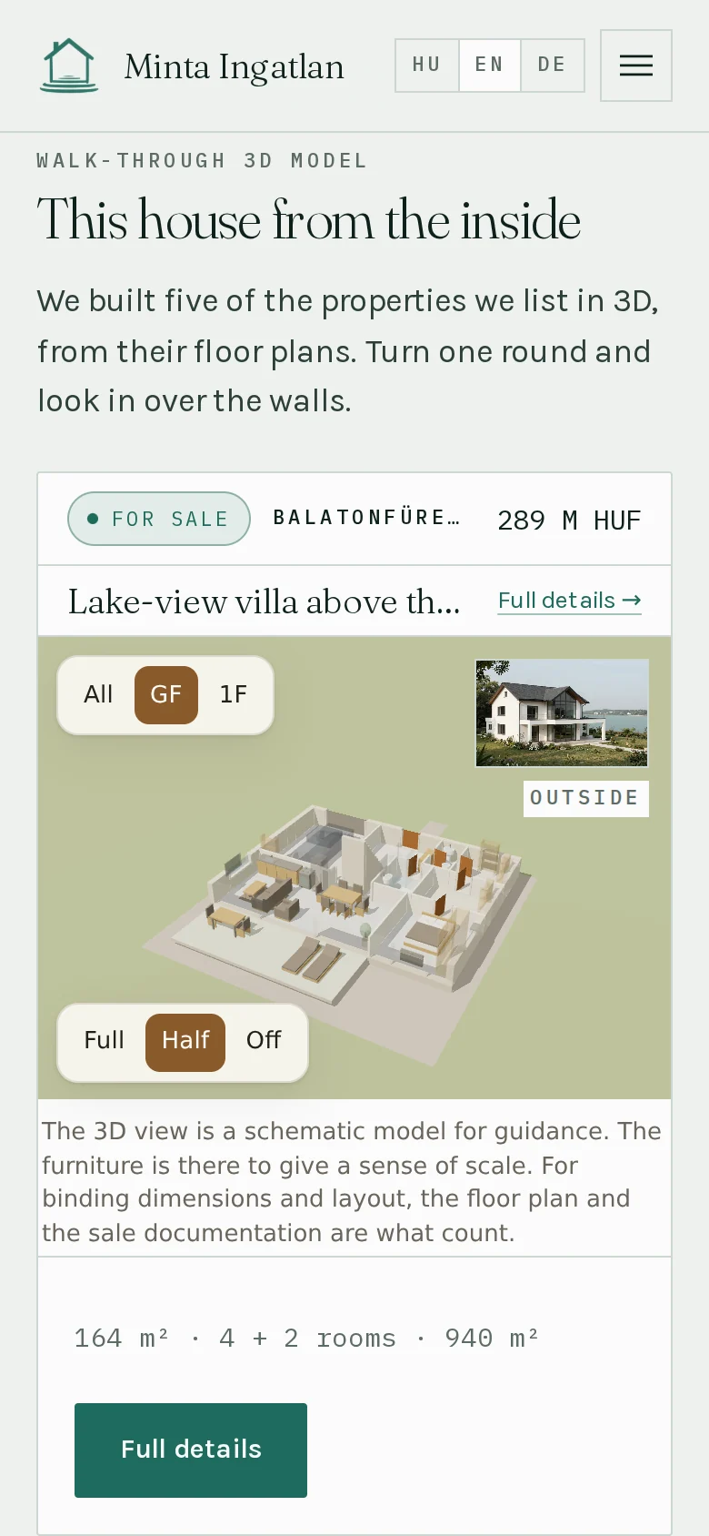 The same 3D showcase on a phone, on a 390-pixel-wide screen: the brand bar and language switch on top, then the model of the house, its photograph, the price and the key figures.