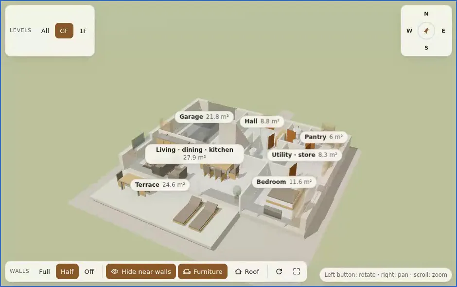 A recording of the 3D view: the roof lifts off, the walls sink to half height, the house turns.