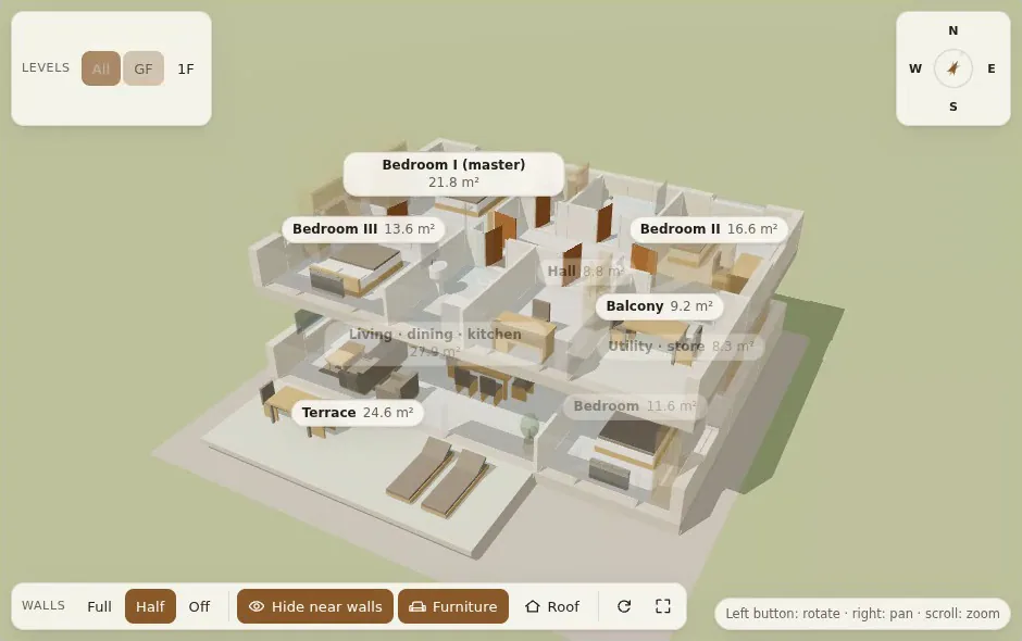 A recording of the controls being used: the upper storey, then both storeys, then the ground floor; then the walls at full height, then gone entirely leaving a plan view, then cut to half height.