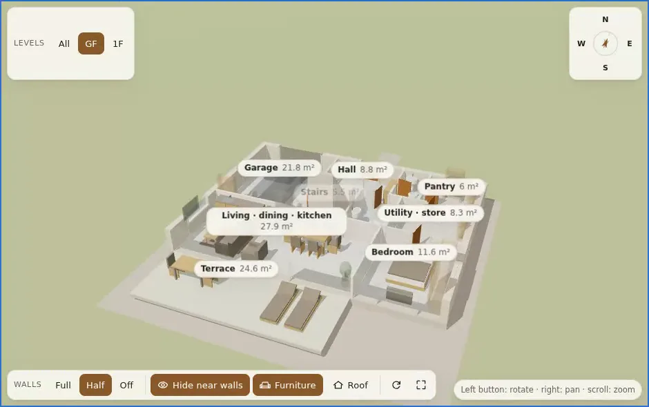 A recording of the 3D view turning a full circle over the ground floor of a house: the furniture, the room names and the floor areas stay readable from every angle, and the walls nearest the camera fade out of the way.