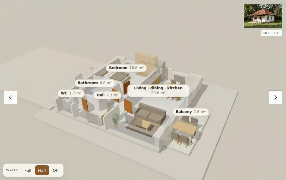 A recording of the home page paging from one property to the next: the last frame of the old house dissolves into the new one, the opening choreography starts again on the new model — roof off, walls down — and the photograph, the name and the price beside it change with it.