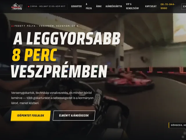 balatonkarting.huszak.dev home: the headline A leggyorsabb 8 perc Veszprémben over karts on the indoor track, with the booking buttons