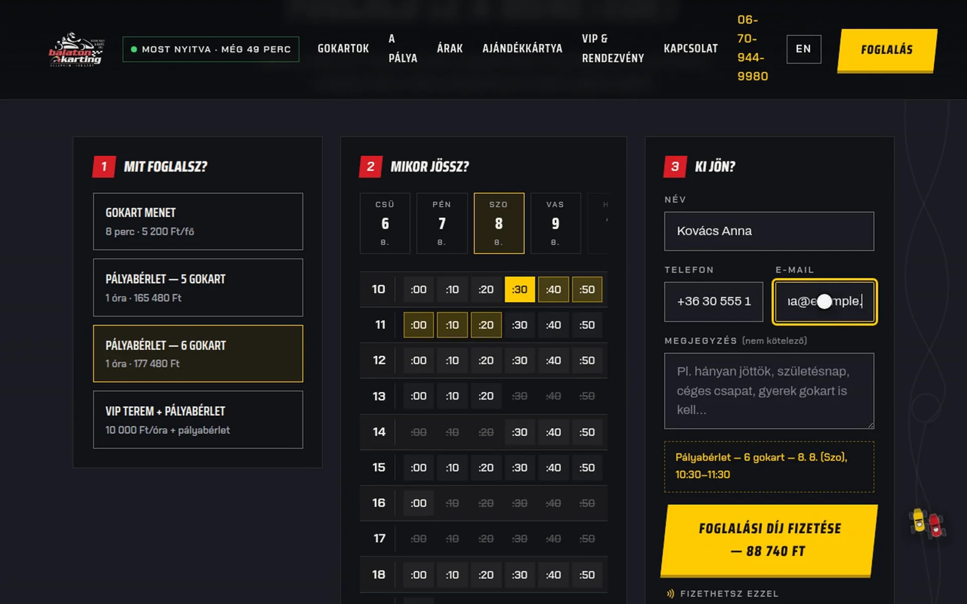 Az újraépített Balatonkarting oldal: online foglalás, bankkártyás fizetés, élő köridők