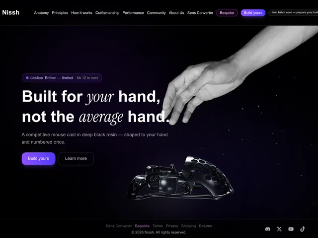 nissh.gg home: the headline Built for your hand, not the average hand, a hand reaching down and the black mouse shell