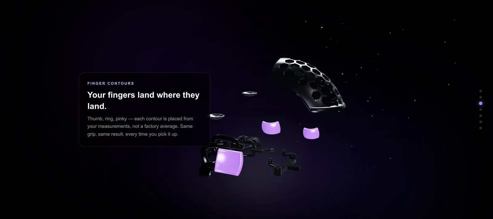 The anatomy section of the home page in exploded view: the lattice shell floats apart from the base, the thumb, ring and pinky contour pieces glow violet, and a card titled Finger contours reads Your fingers land where they land, each contour placed from your measurements, not a factory average.