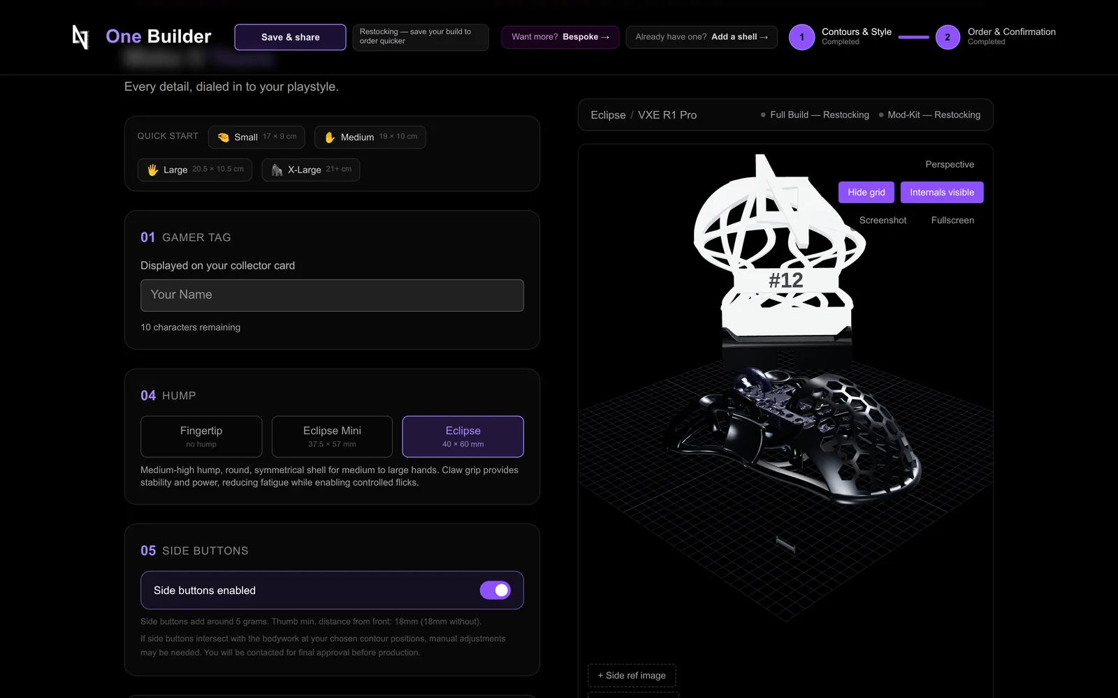 The One Builder configurator on nissh.gg: on the left the quick-start hand sizes, the gamer tag field, the hump choice Fingertip, Eclipse Mini or Eclipse and the side-button switch; on the right the 3D preview of the black lattice-shell mouse on a grid, the white collector card numbered 12 standing behind it, and the Full Build and Mod-Kit badges reading Restocking.