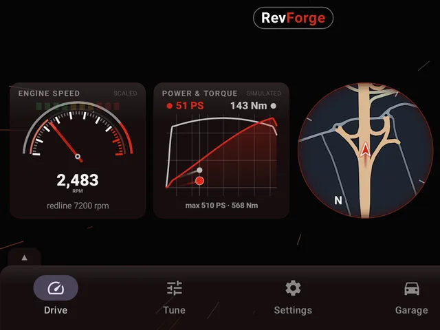 RevForge on a phone: the engine speed gauge at 2,483 rpm, a power and torque chart and a map, with the Drive tab active