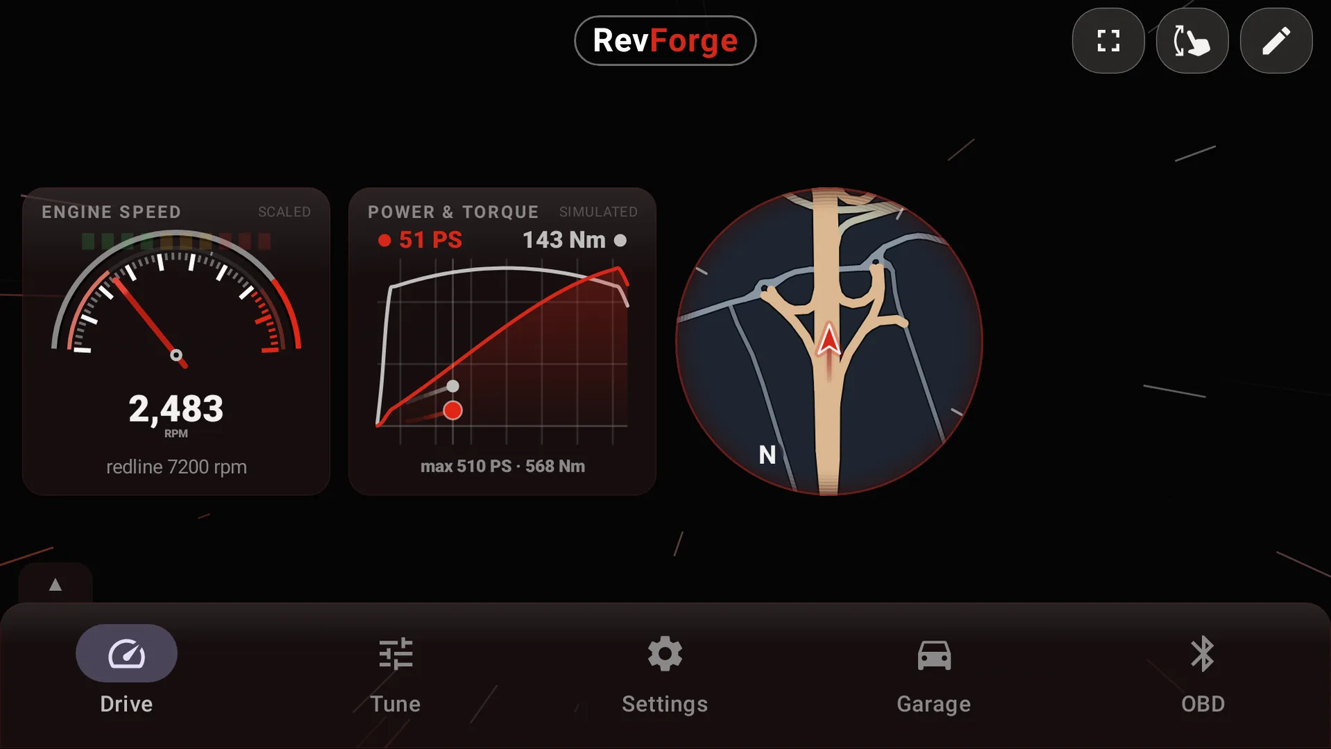 Landscape dashboard: the engine-speed dial at 2,483 rpm, the power and torque curve with the live dot at 51 PS and 143 Nm, and the round minimap drawing real streets with a north mark.