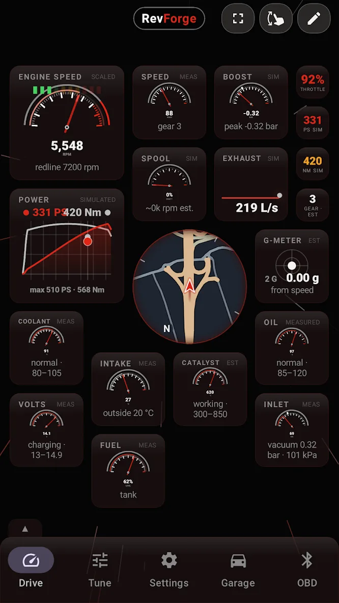 RevForge dashboard on OBD-II while driving: 5,548 rpm with shift lights, 88 km/h in third gear, 92% throttle, 331 PS and 420 Nm, boost, spool and exhaust tiles, the power curve, the round minimap, a g-meter and measured coolant, oil, intake, catalyst, volts, inlet and fuel gauges.