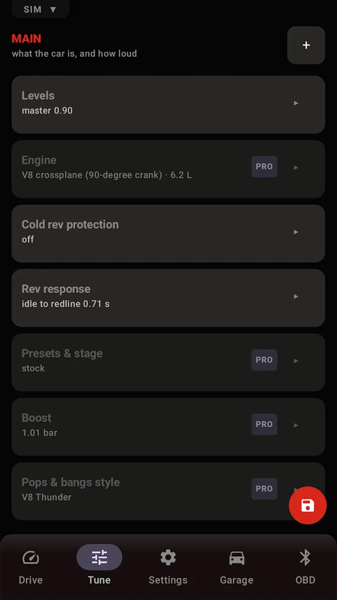 Tune tab, Main section: cards for Levels, Engine (V8 crossplane, 6.2 L), Cold rev protection, Rev response (idle to redline 0.71 s), Presets and stage, Boost 1.01 bar and Pops and bangs style V8 Thunder; the Pro cards are visible but dimmed, with a save button.
