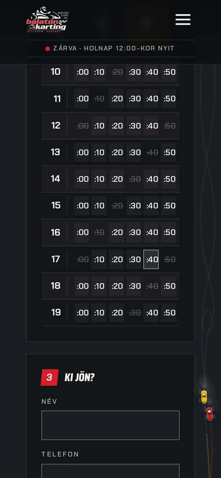 A phone showing the booking step of the Balatonkarting site: a grid of time slots from 10:00 to 19:50, the taken ones struck through, and the start of the guest details form below.