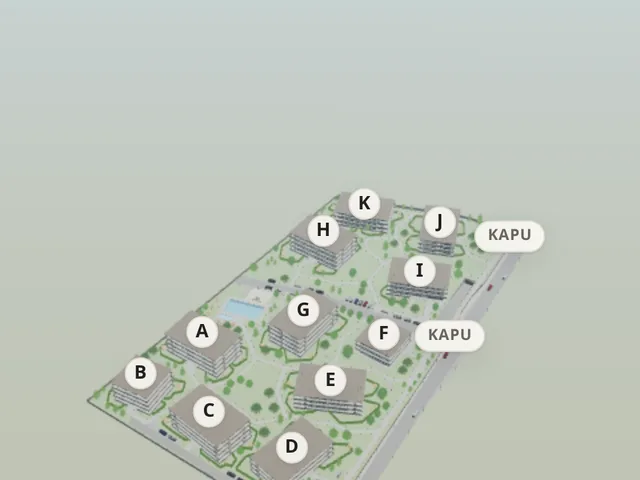 veduta.hu demo: the site plan of a housing scheme in 3D, buildings lettered A to K and two gates